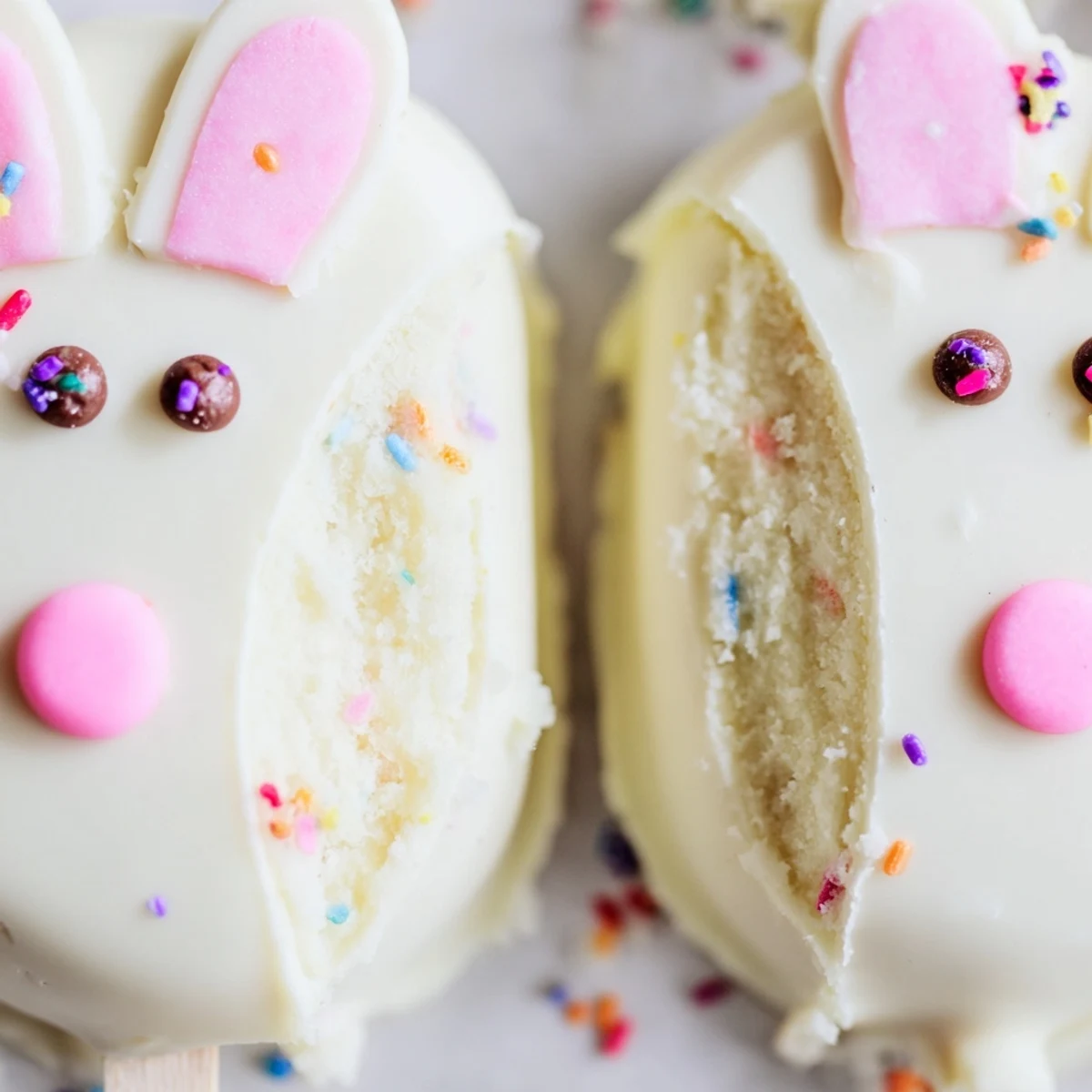 Creamy white chocolate bunny cakesicles decorated with pink ears and colorful sprinkles