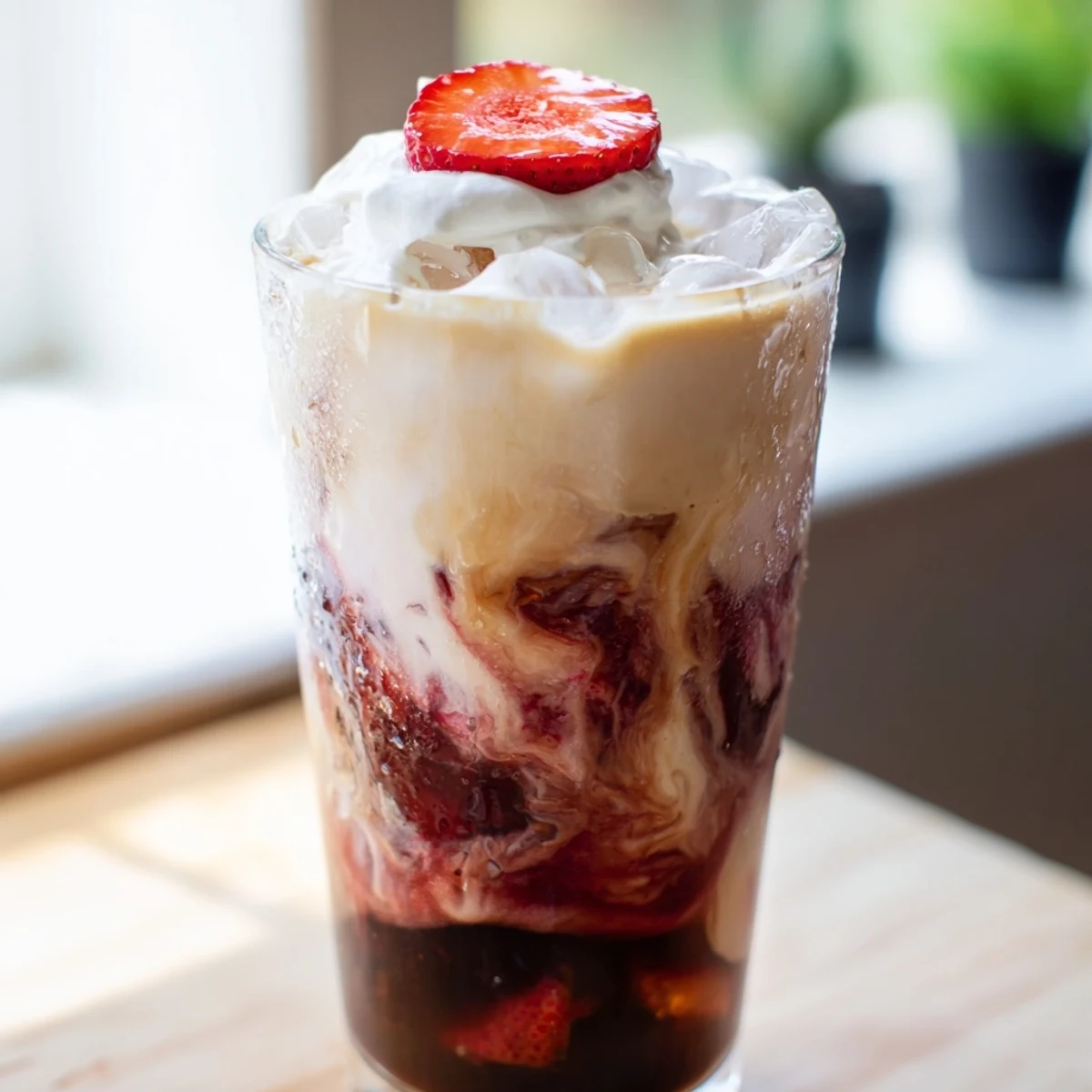 Creamy strawberry cold latte served over ice with fresh berry garnish and whipped cream topping