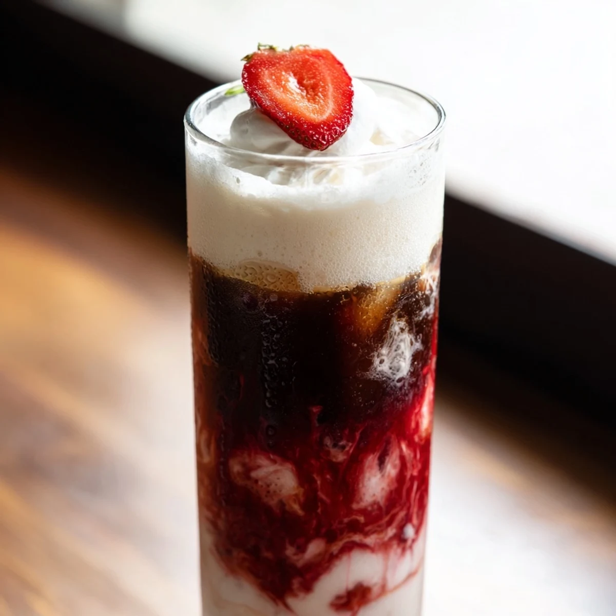 Iced strawberry cream latte with rich espresso swirling through pink milk in tall glass