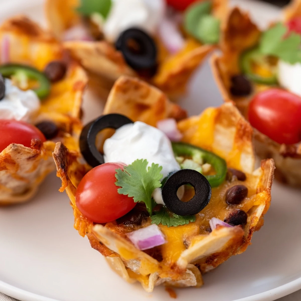 Golden cheesy nacho cups with melted cheddar, beans, and fresh toppings ready for serving