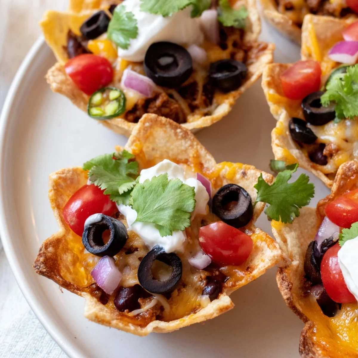 Mini tortilla cups overflowing with gooey Monterey Jack, jalapeños, and colorful zesty garnishes