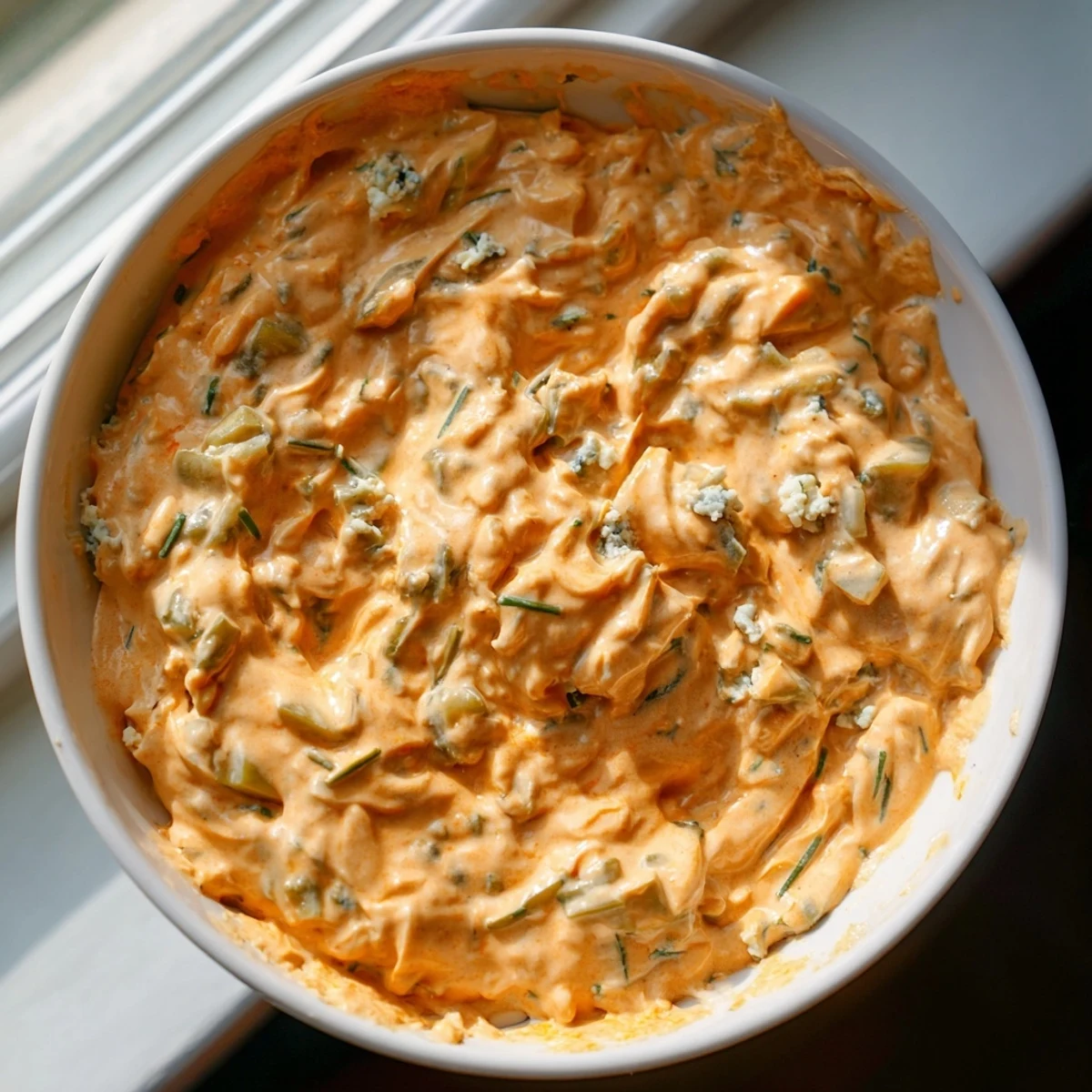 Creamy buffalo pickle dip served in a bowl with crispy chips for game day snacking