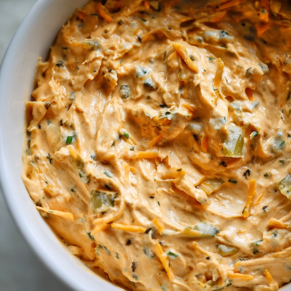 Tangy buffalo pickle dip topped with fresh chives and sliced pickles in a rustic bowl