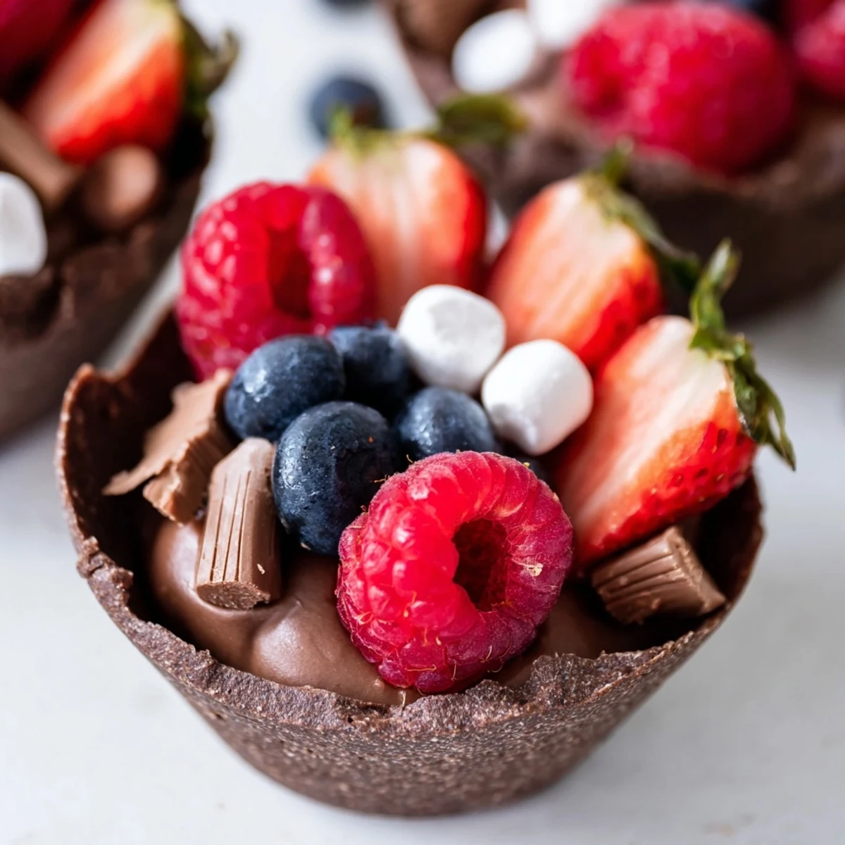 Chocolate grazing cups filled with fluffy mousse and topped with fresh berries and nuts