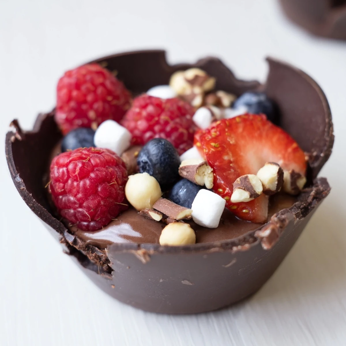Elegant chocolate grazing cups layered with creamy mousse and colorful fresh berry garnishes