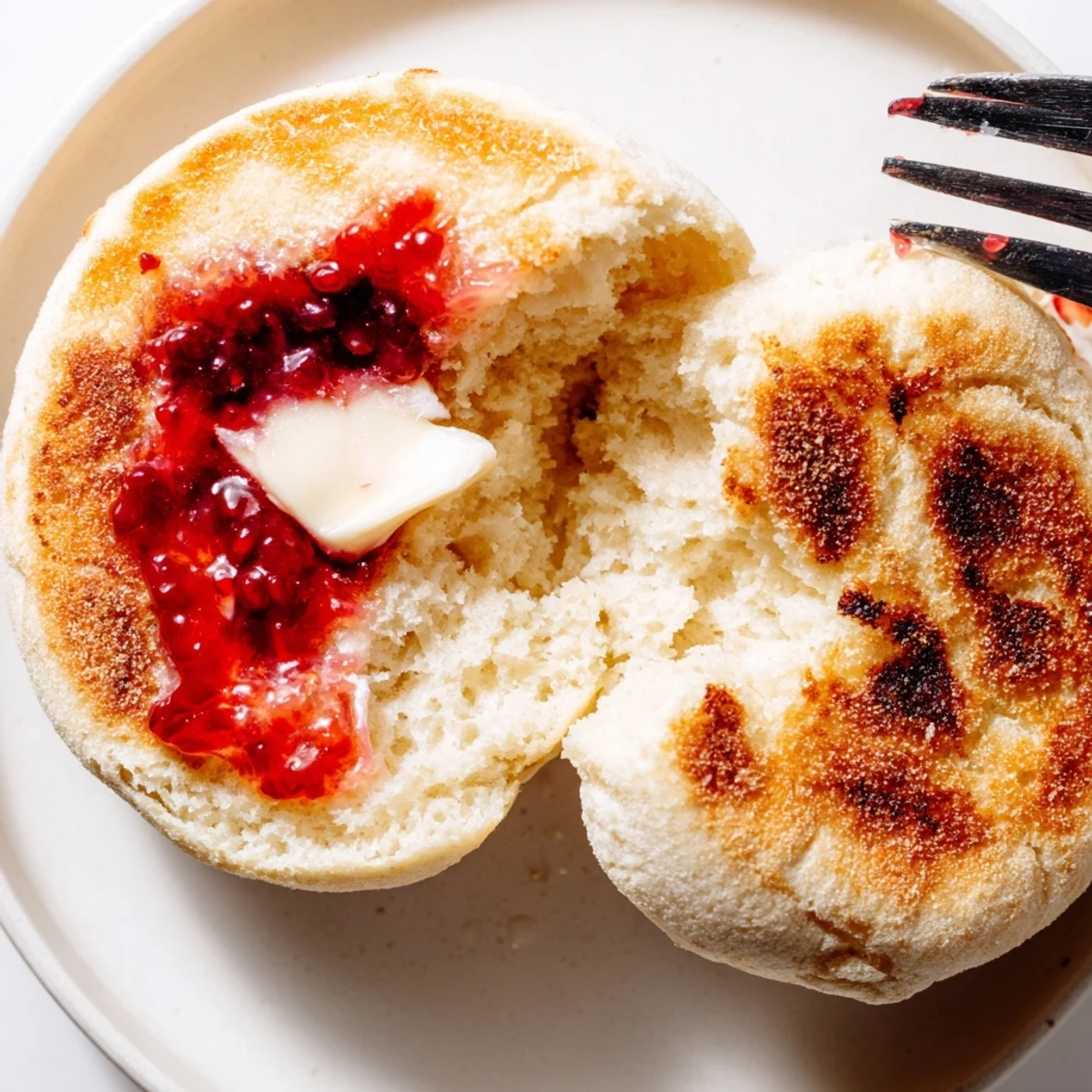 Golden brown homemade English muffins cooling on a wire rack with signature nooks and crannies