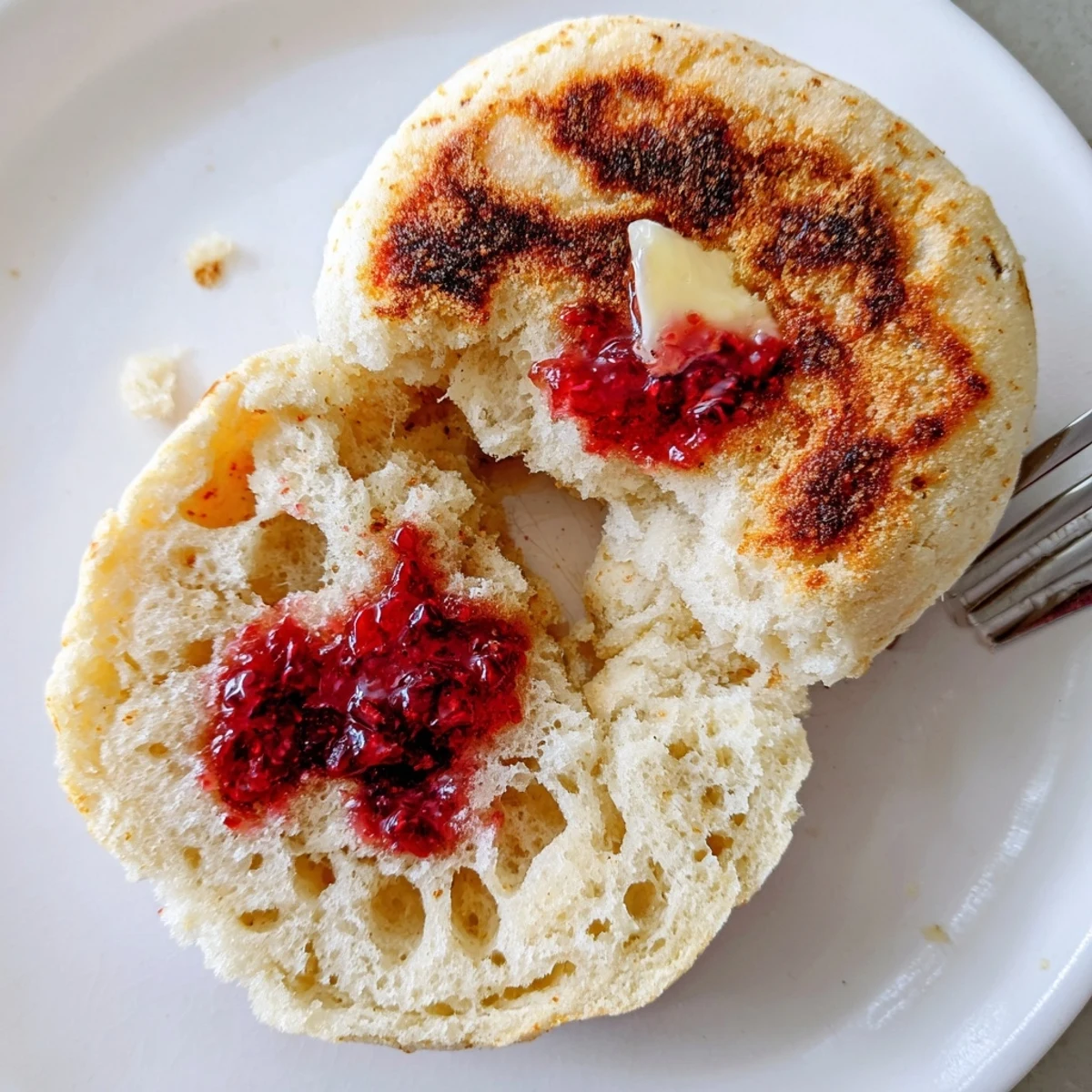 Toasted homemade English muffins split open revealing airy texture perfect for butter and jam