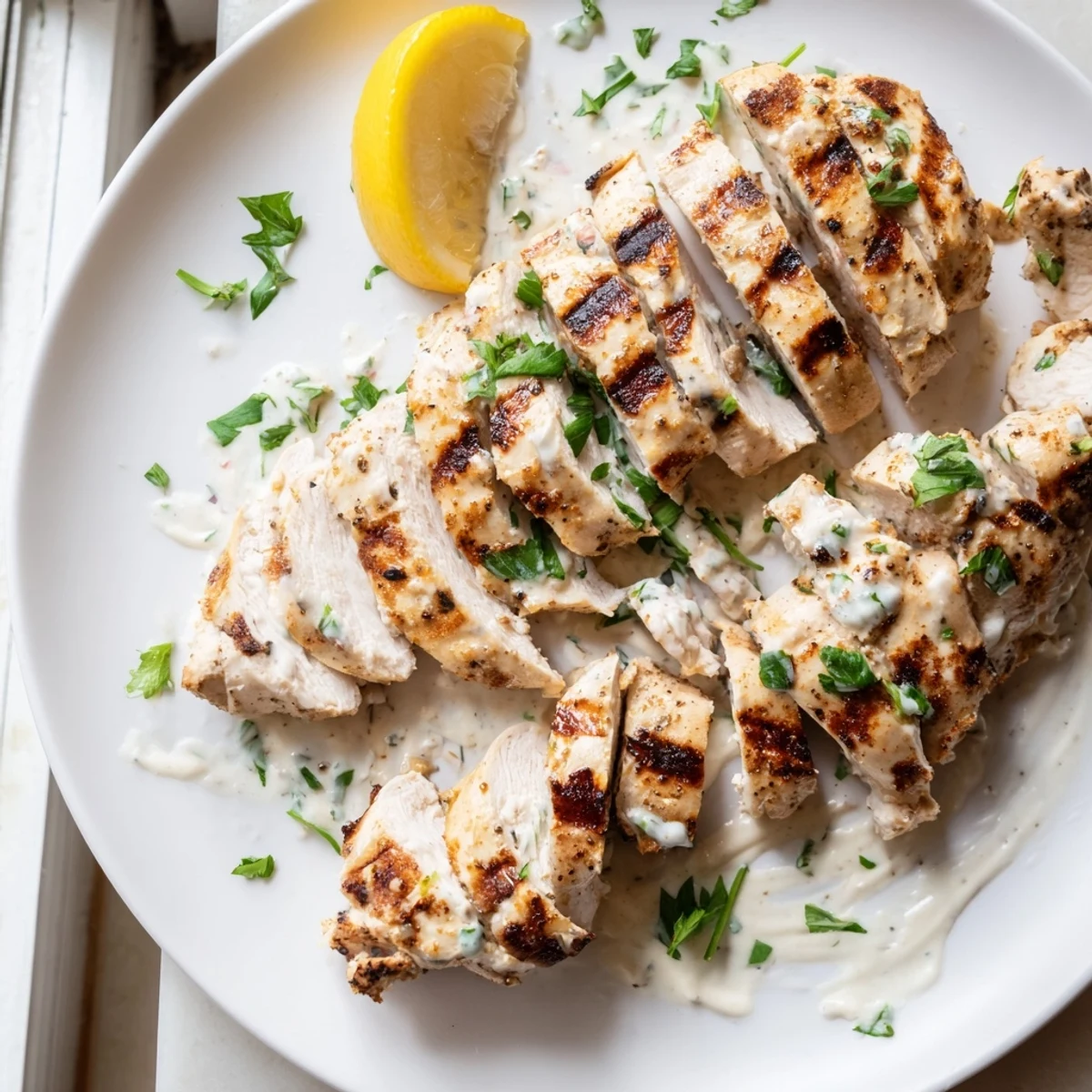 Golden Greek yogurt marinated chicken sliced on a plate with fresh lemon wedges and parsley