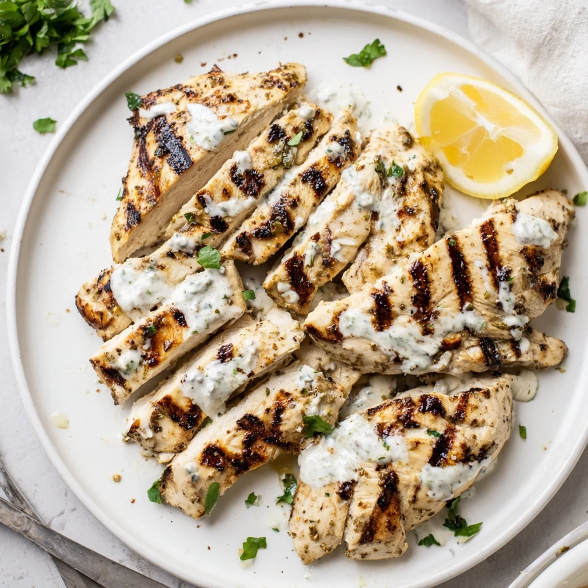 Juicy grilled Greek yogurt marinated chicken with charred edges served alongside a crisp Mediterranean salad