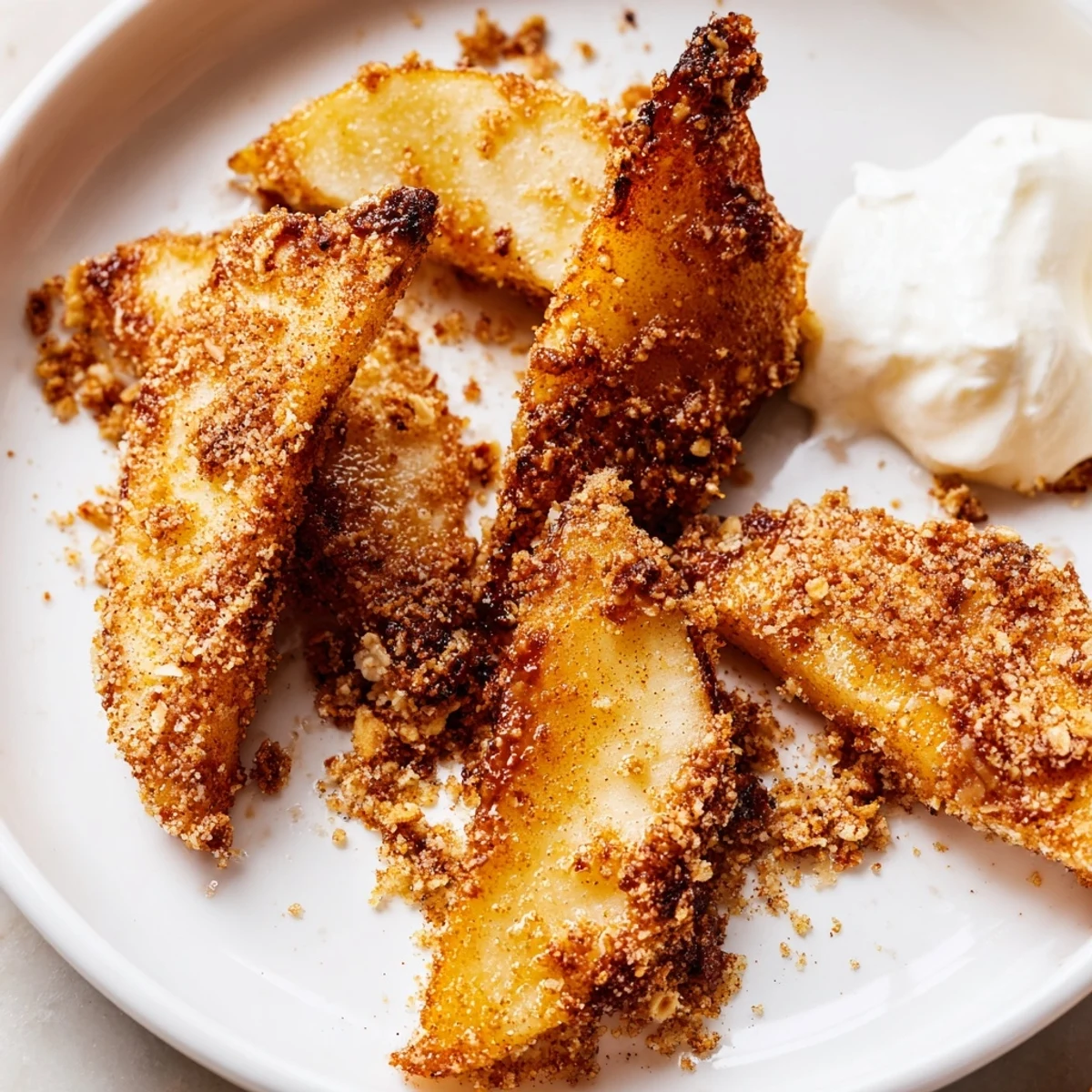 Crispy air fryer apples drizzled with butter and dusted in spiced oat crumbs
