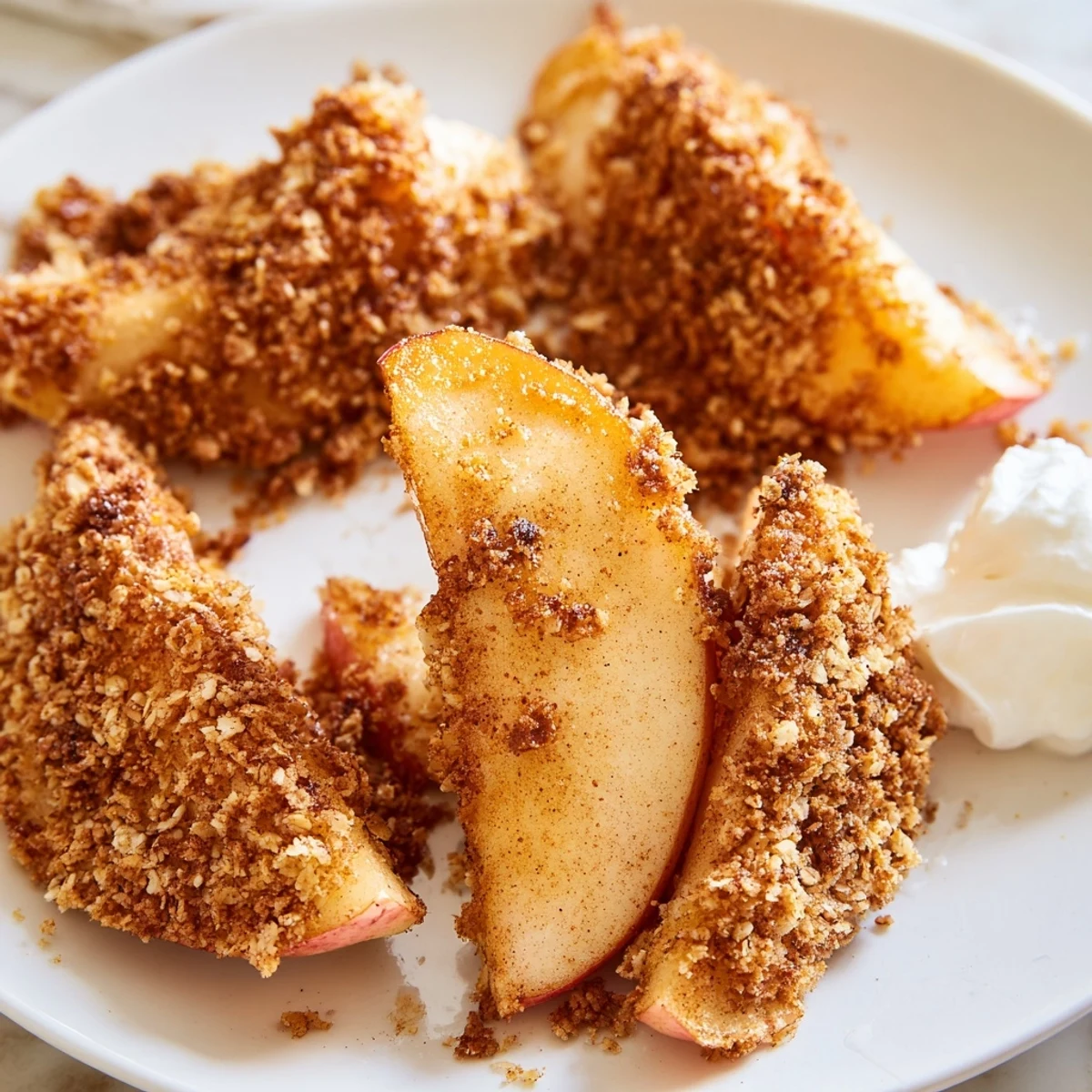 Tender cinnamon sugar crispy air fryer apples served in a bowl with vanilla ice cream