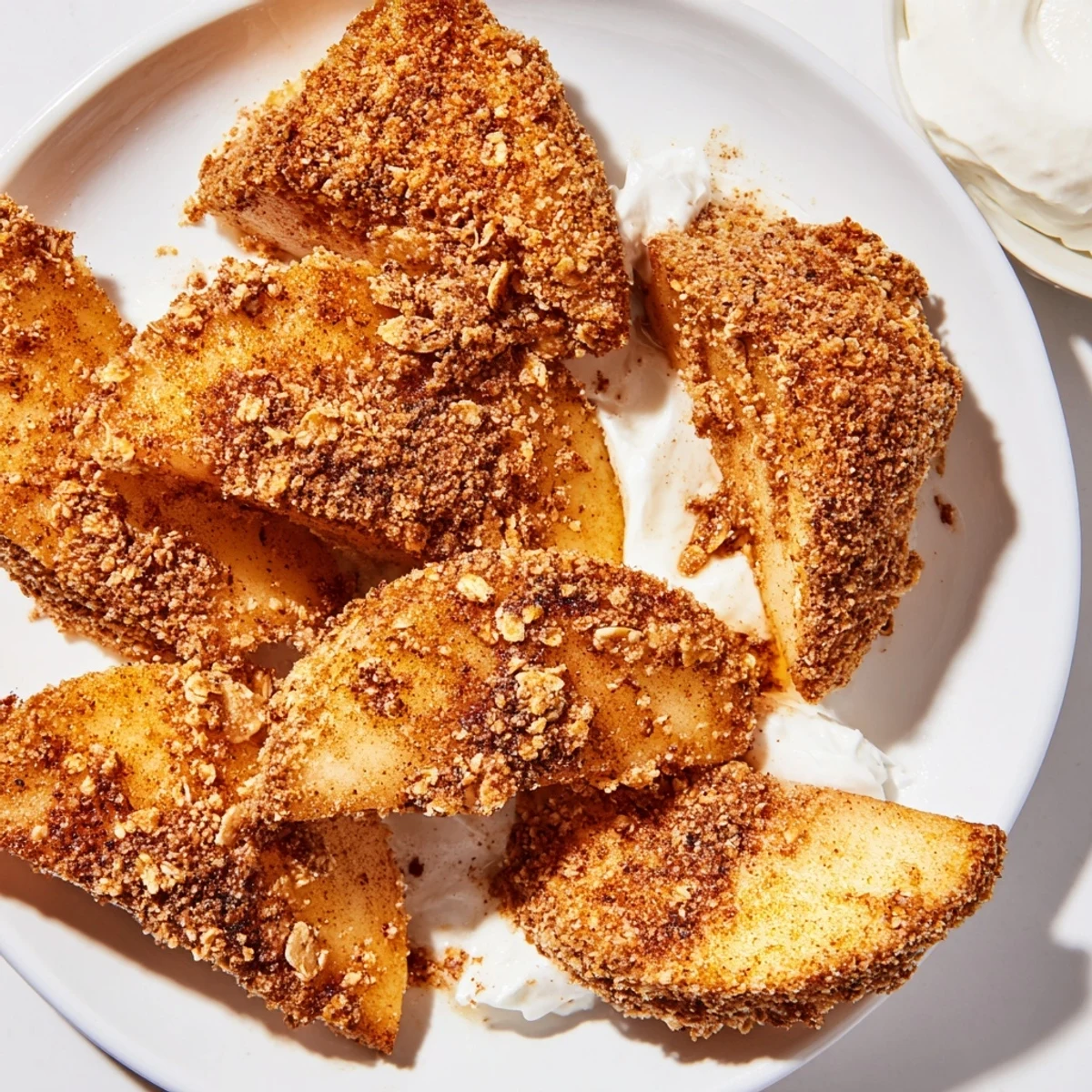 Golden crispy air fryer apple slices coated in warm cinnamon sugar on a rustic plate