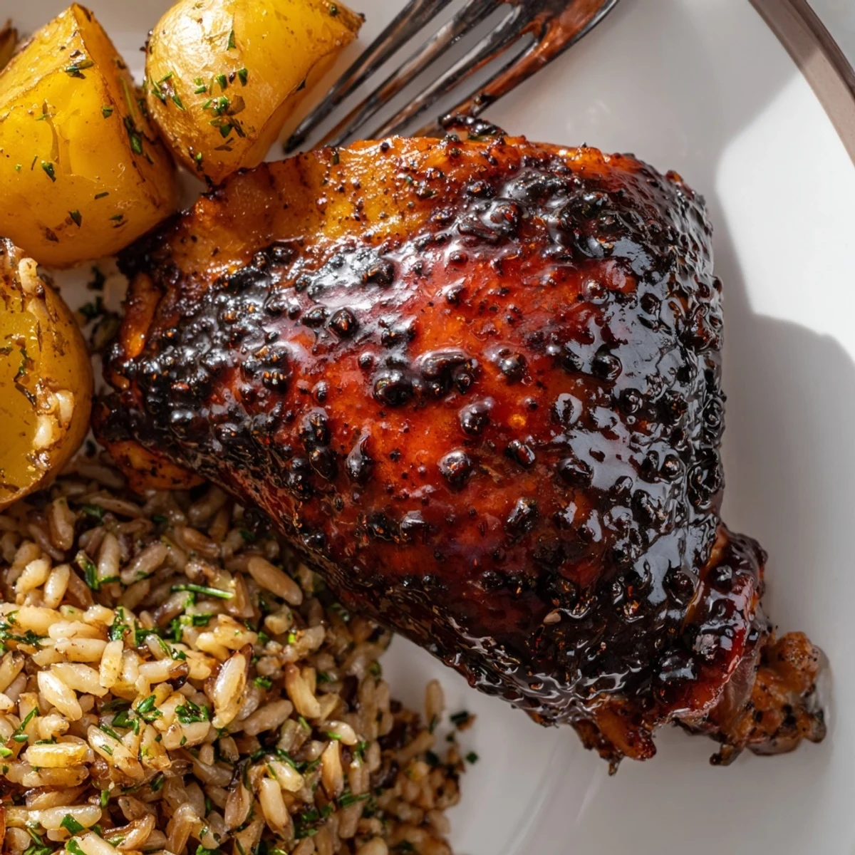 Glistening savory glazed chicken with golden crispy potatoes and herb rice on a rustic plate