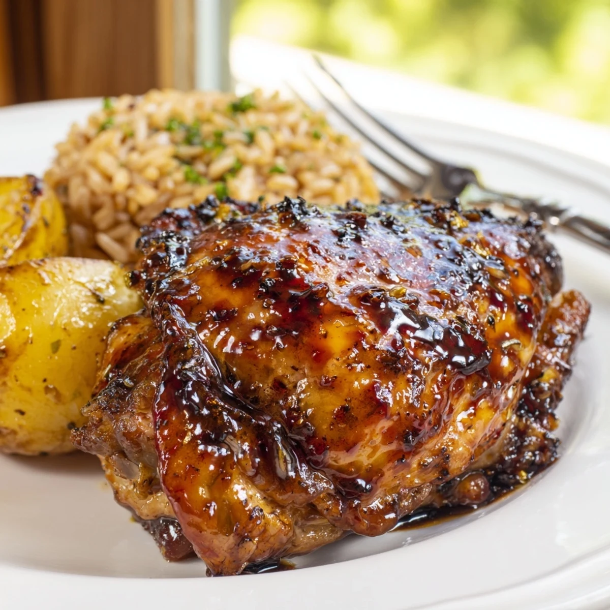 Close-up of savory glazed chicken dripping with glossy sauce beside fragrant herb rice and roasted potatoes