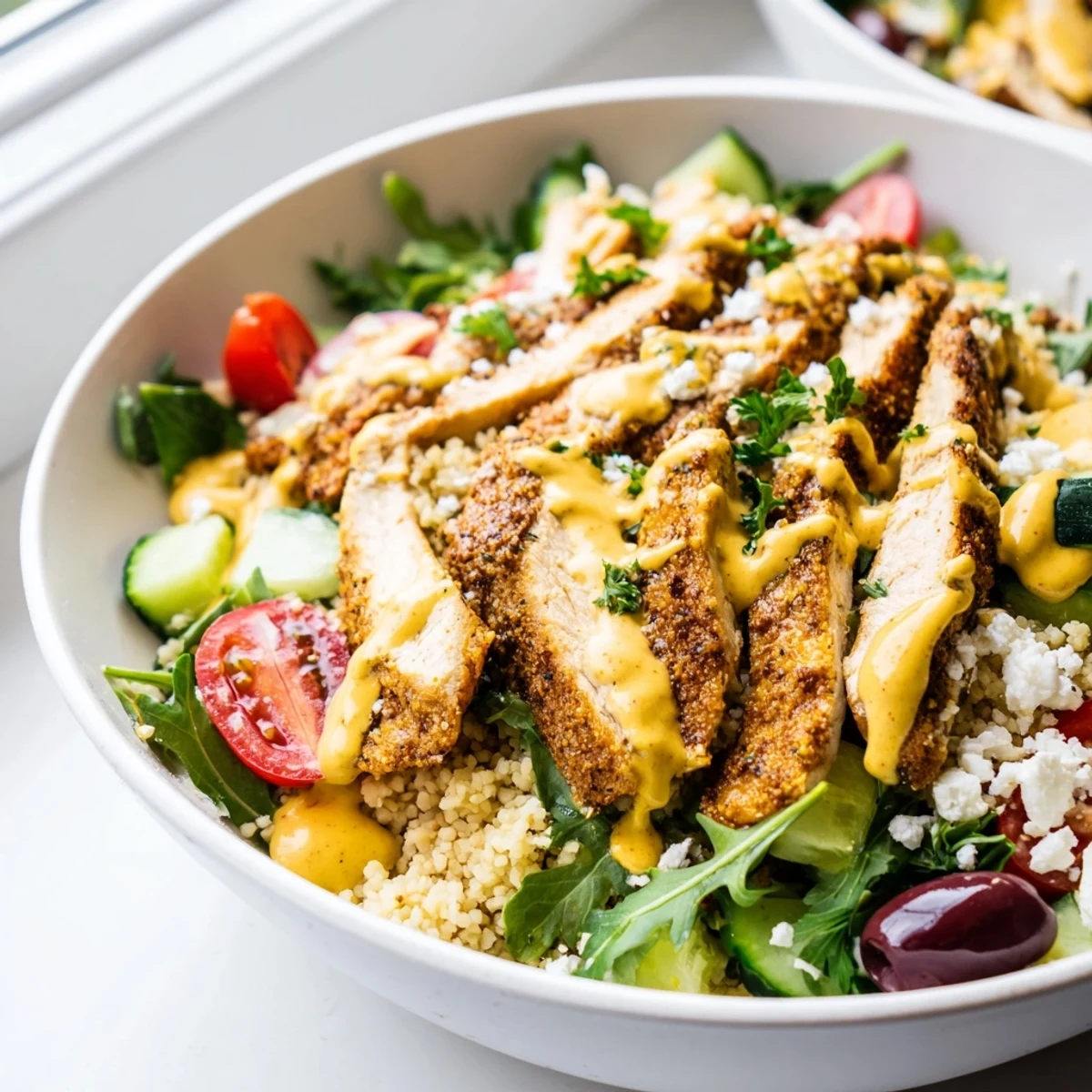 Golden sliced chicken tops a vibrant Classic Mediterranean Chicken Couscous Bowl with fresh vegetables and creamy tahini drizzle