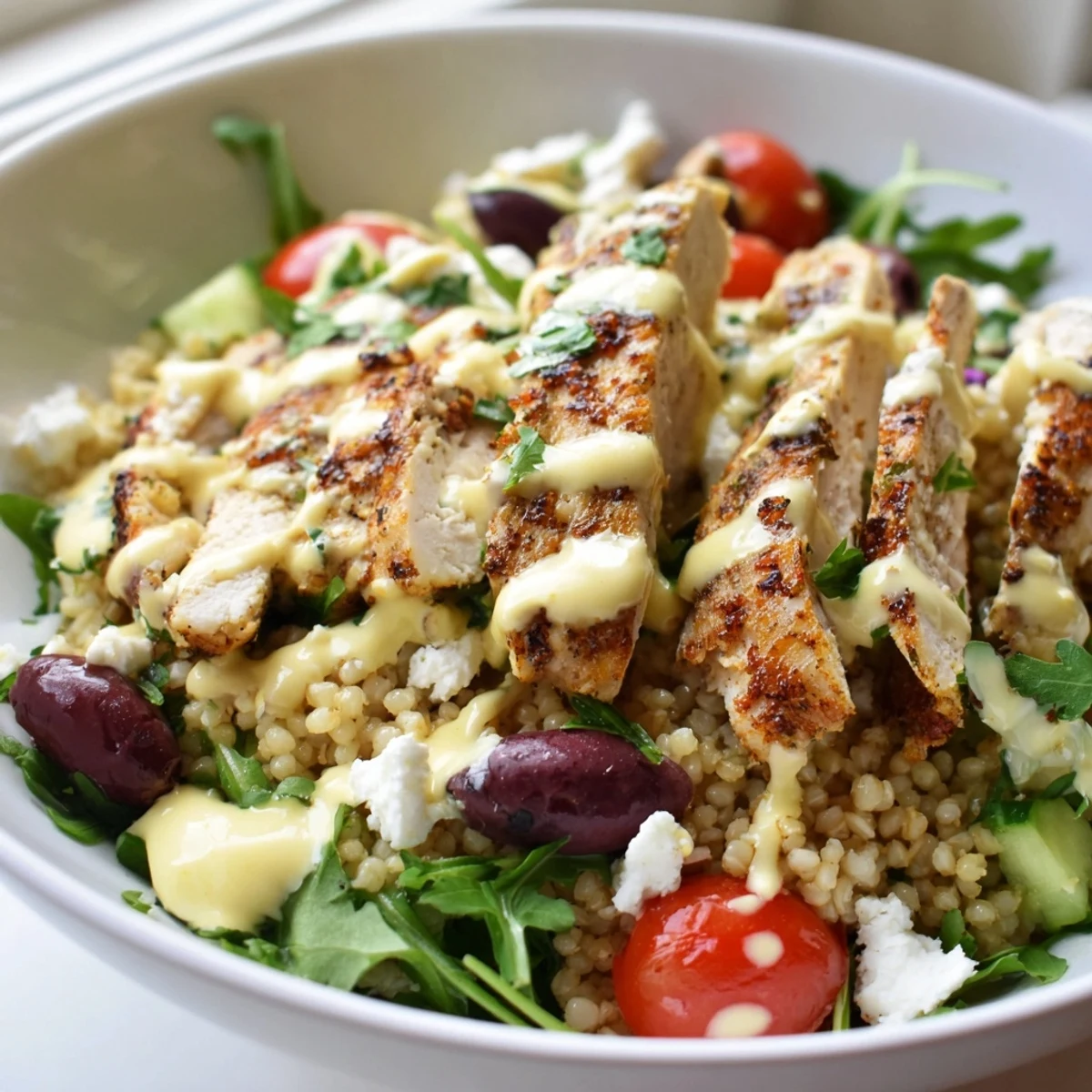 Fluffy couscous loaded with juicy spiced chicken, tomatoes, olives, and bright lemon-herb garnish in a colorful Mediterranean bowl