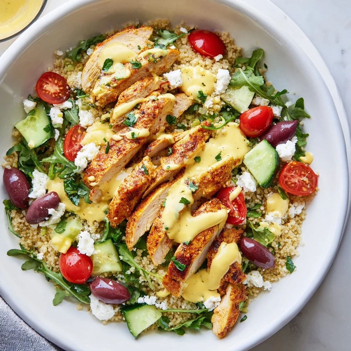 A rustic Classic Mediterranean Chicken Couscous Bowl showcasing grilled chicken strips, crisp cucumbers, and a tangy tahini sauce