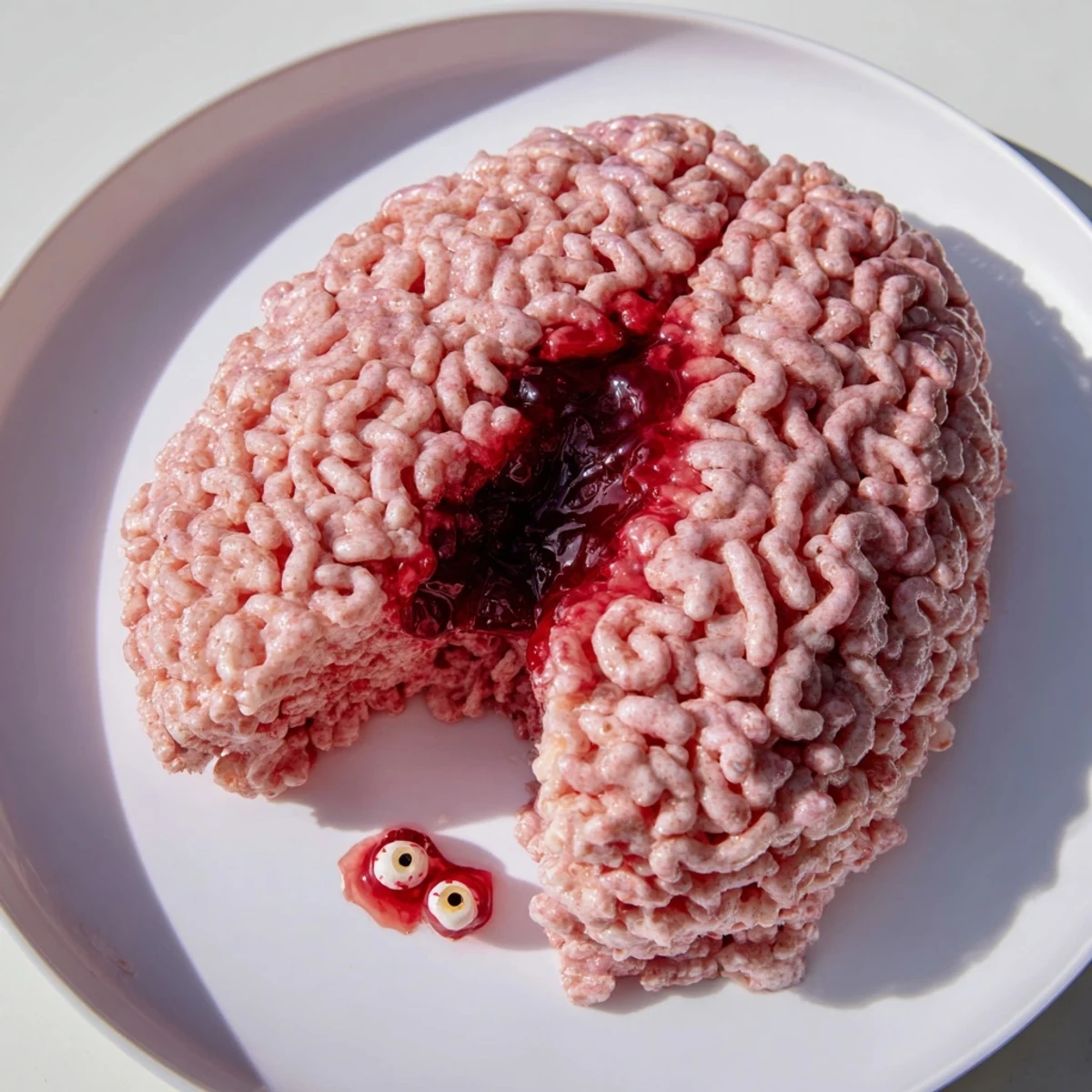 A pink Spooky Stuffed Crispy Rice Cereal Brain oozing bright red berry filling when sliced open