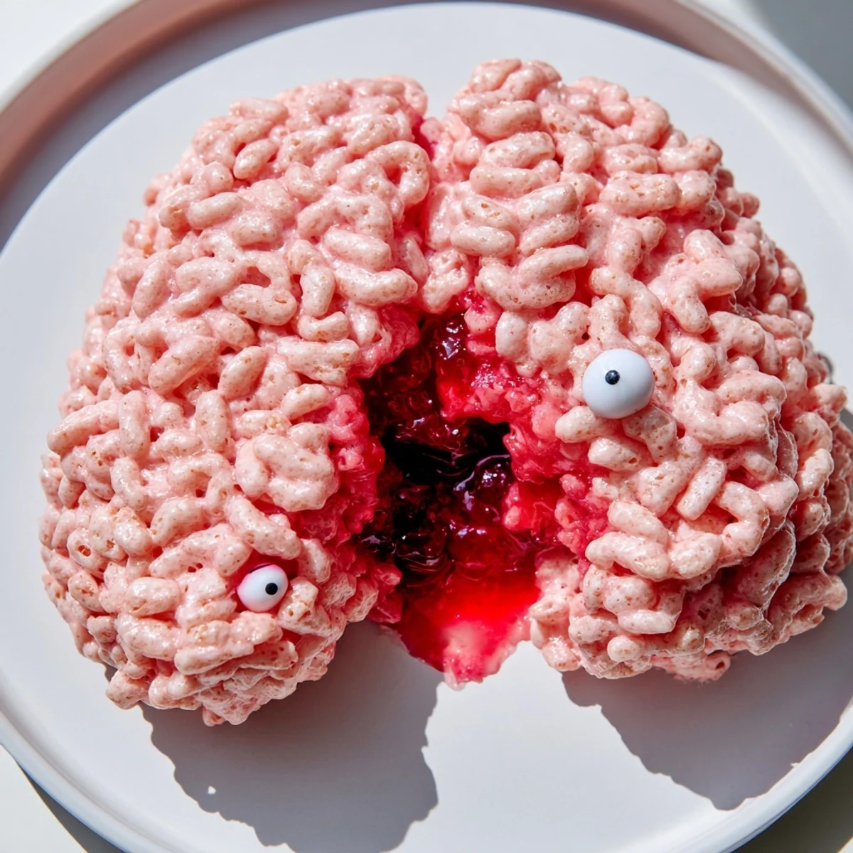 Spooky Stuffed Crispy Rice Cereal Brain shaped on a Halloween party platter with candy eyes