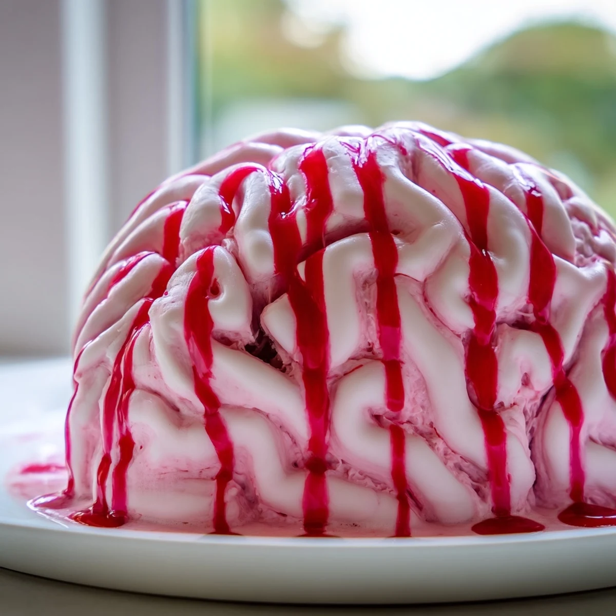 Spooky no bake strawberry cheesecake brain decorated with white chocolate squiggles on a cookie crust