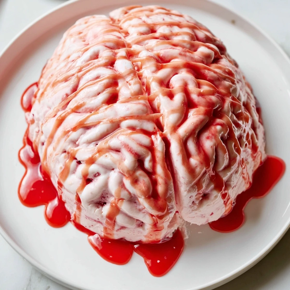 Creepy no bake strawberry cheesecake brain with pink chocolate folds and red coulis drizzle