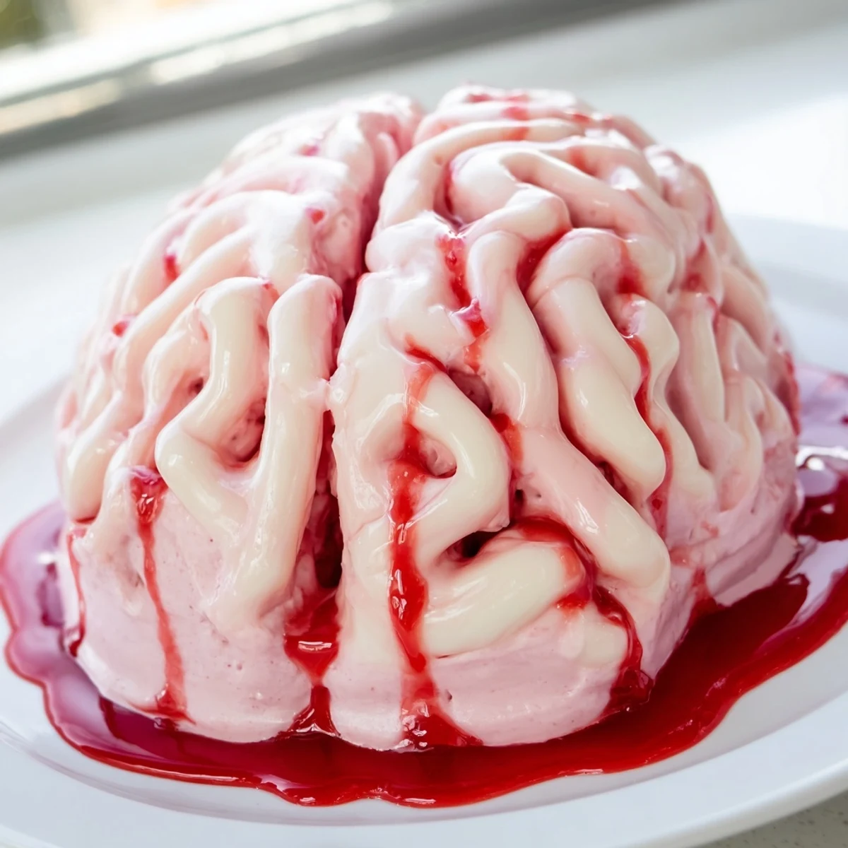 Vibrant no bake strawberry cheesecake brain sliced to reveal creamy strawberry filling and graham cracker base
