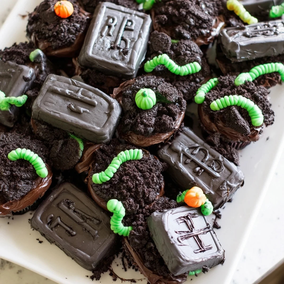 Pull apart graveyard cupcakes topped with rich chocolate frosting and crumbled cookie dirt on a festive Halloween platter