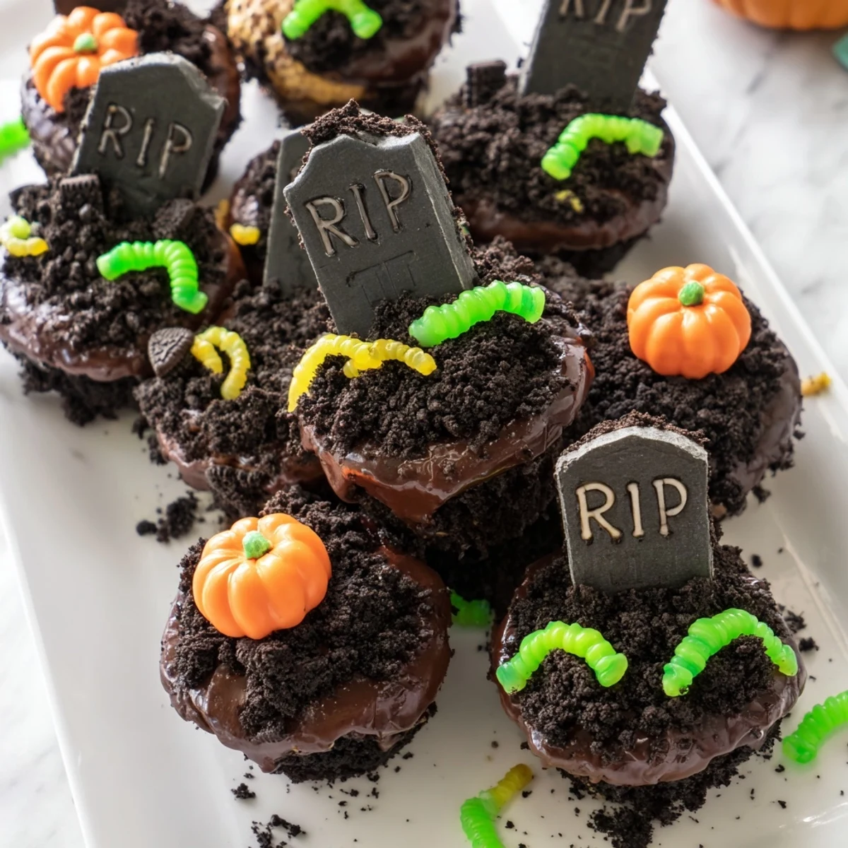Spooky pull apart graveyard cupcakes decorated with cookie tombstones, gummy worms, and candy pumpkins on a serving tray