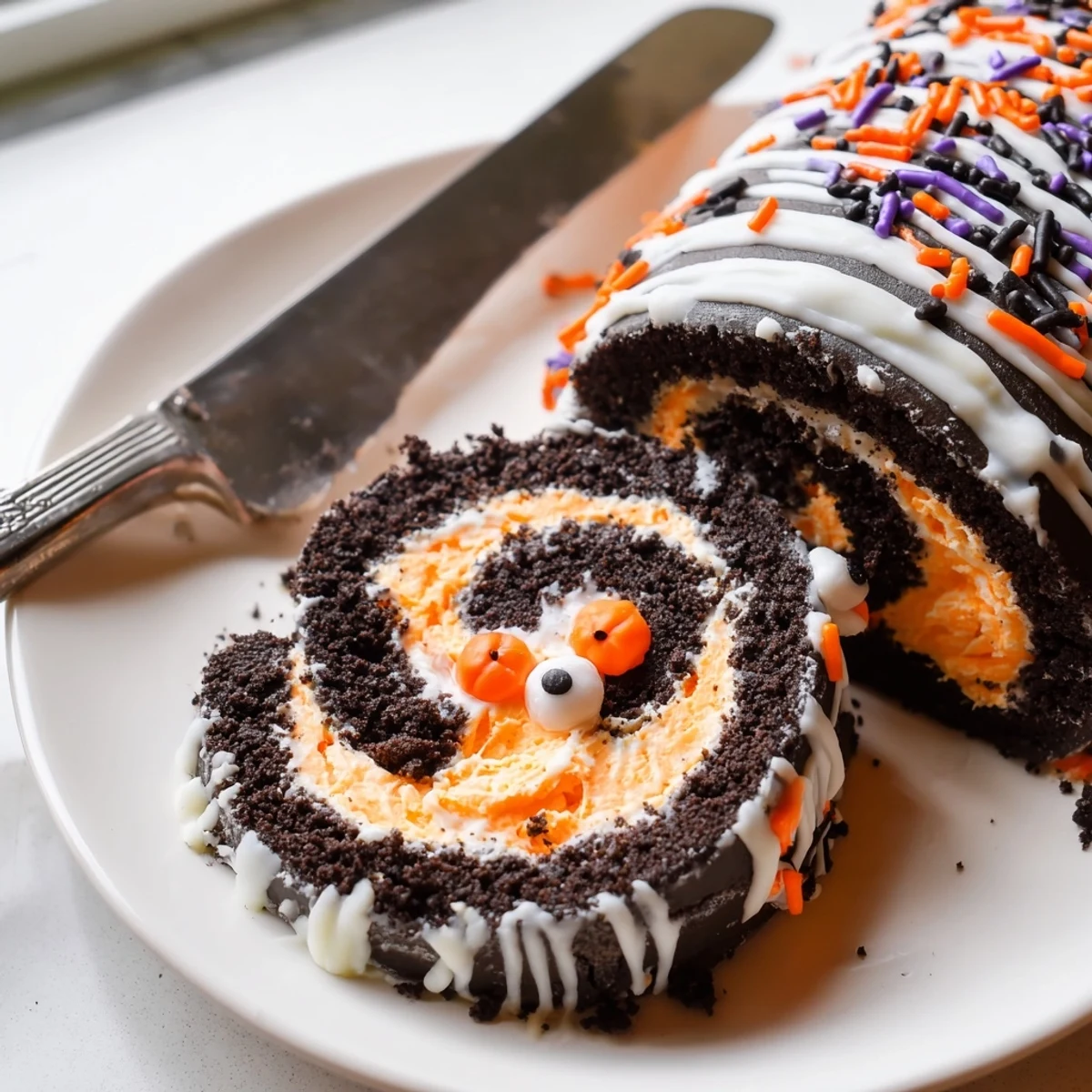 A spooky Halloween Oreo Roll sliced and topped with candy eyes and orange sprinkles.