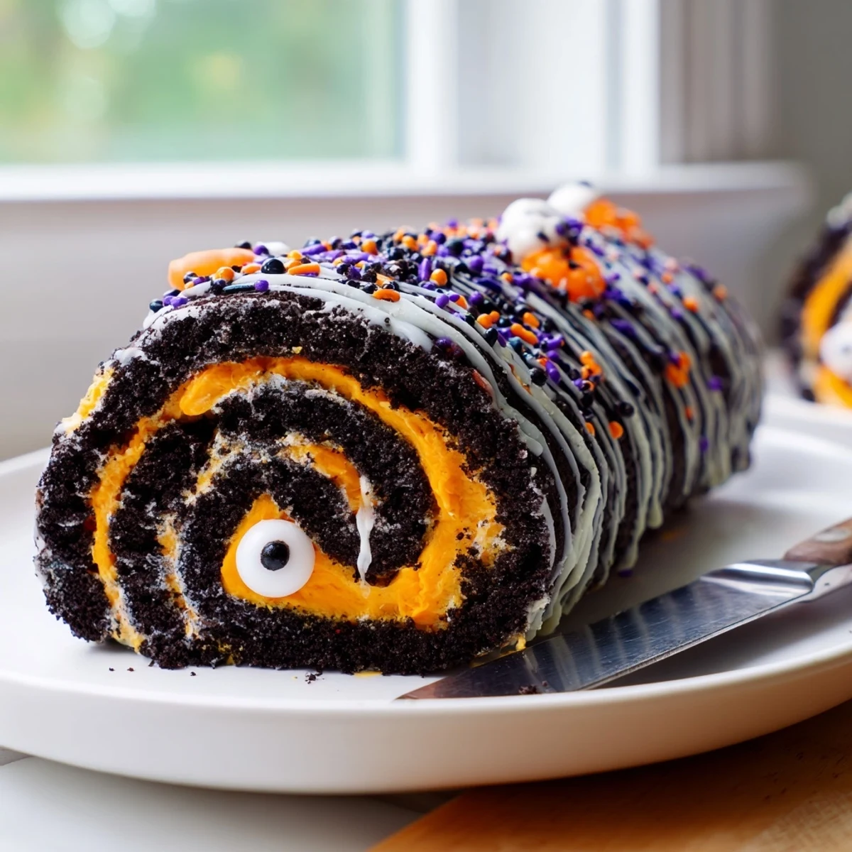 No bake Halloween Oreo Roll swirled with vibrant purple whipped cream filling on a chilled dessert plate.