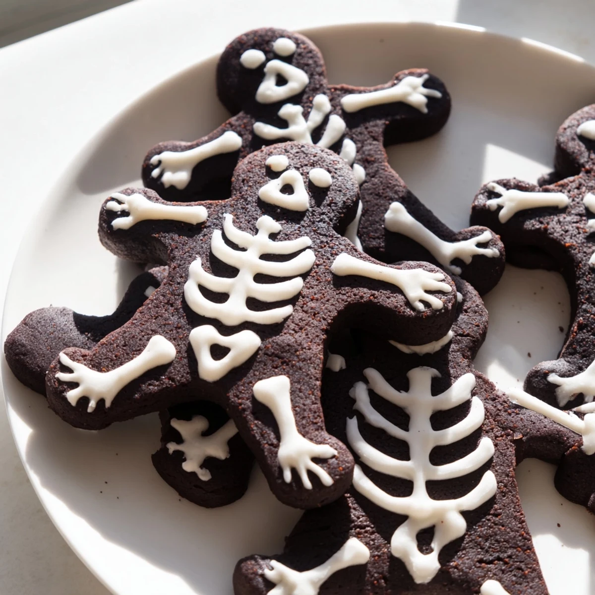 Chocolate Cinnamon Skeleton Cookies decorated with crisp white royal icing on a rustic baking sheet