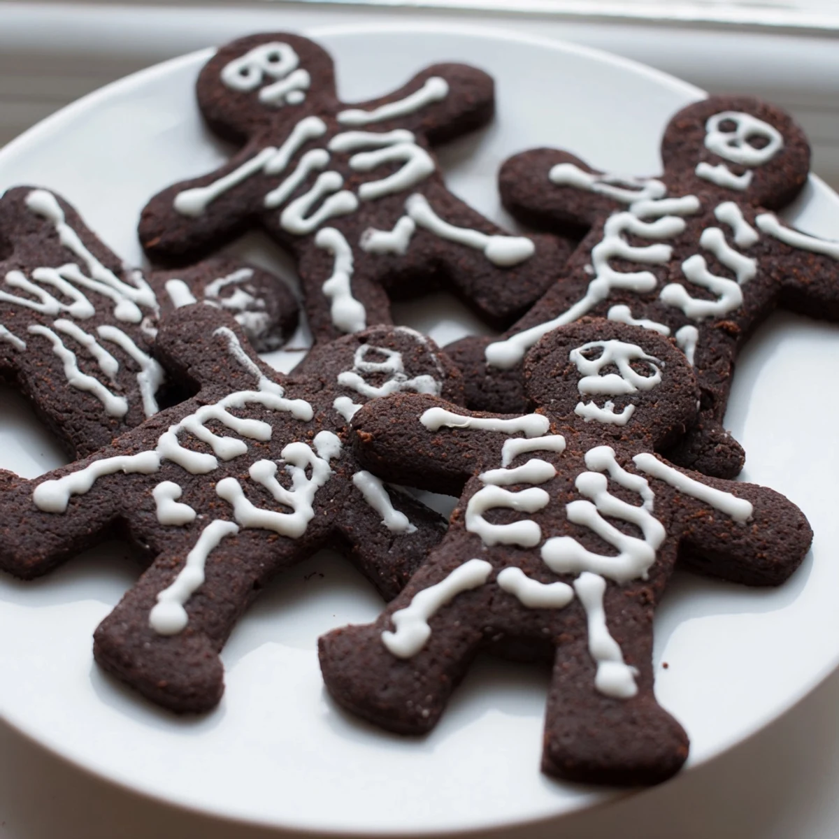Dark cocoa Chocolate Cinnamon Skeleton Cookies arranged on parchment with intricate piped bone designs