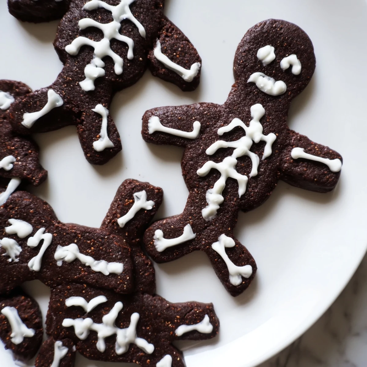 Warm spiced Chocolate Cinnamon Skeleton Cookies cooling on a wire rack with sweet icing details