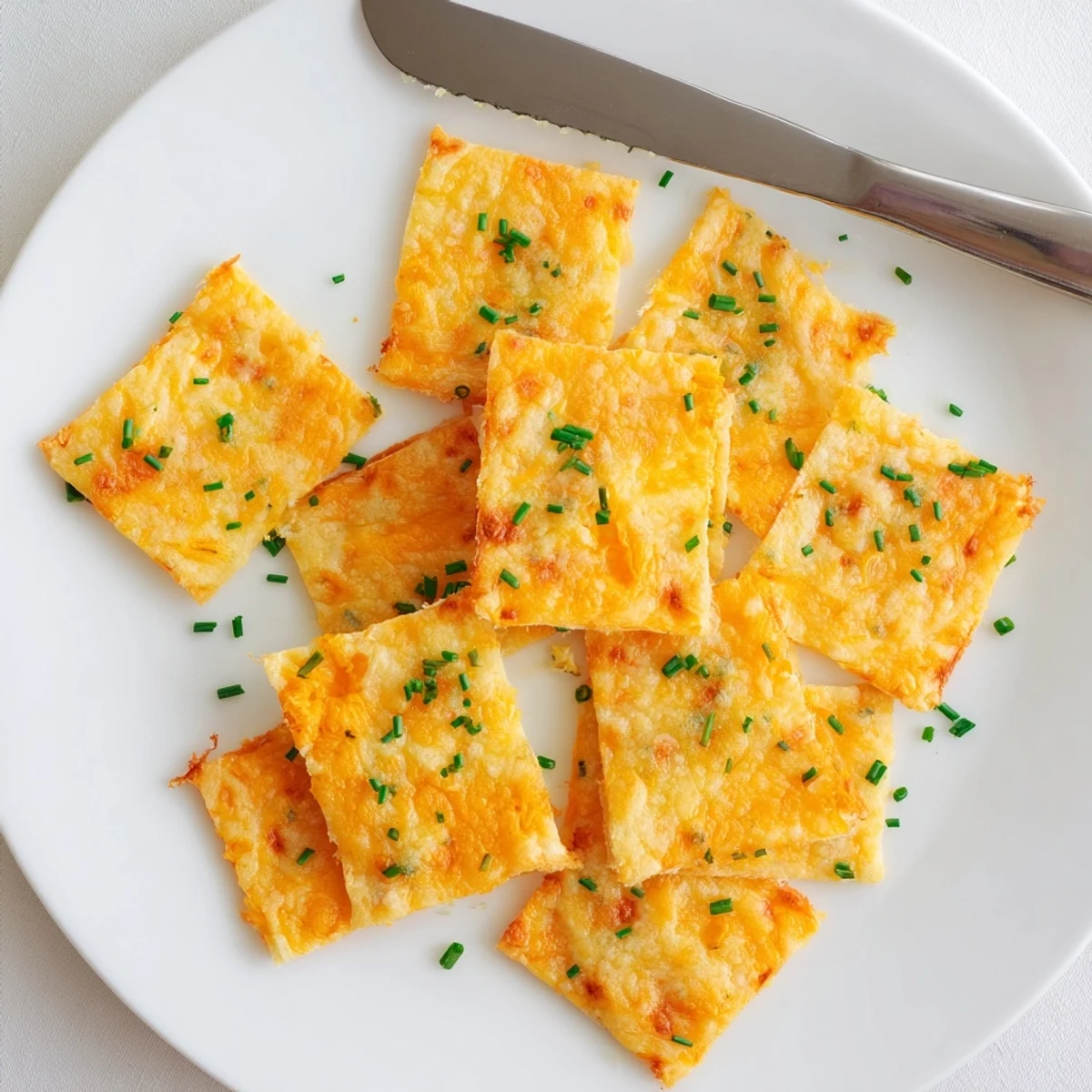 Golden baked cheddar and herb cheese squares arranged on a parchment-lined baking sheet