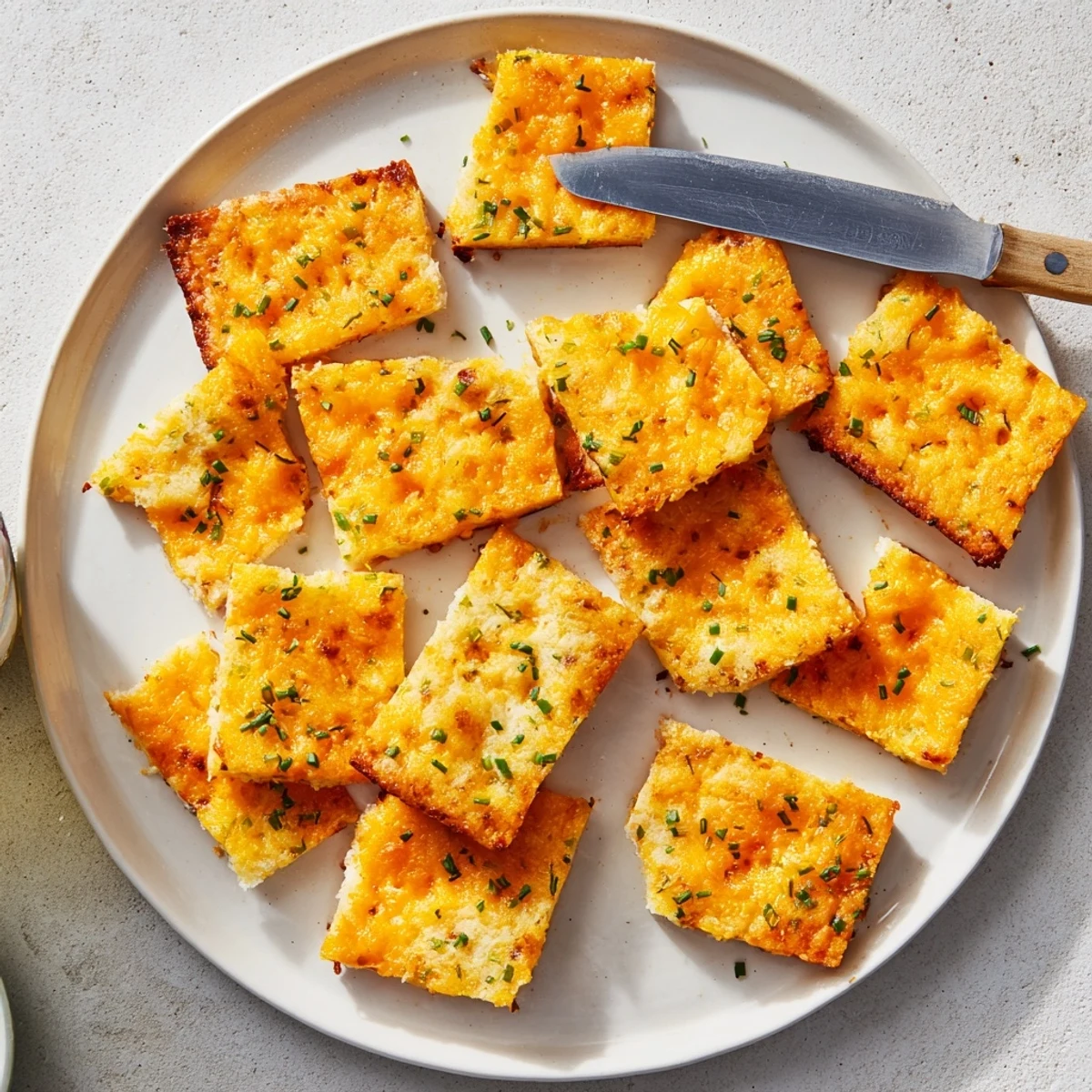 Crispy cheese and chive snack bites served on a rustic wooden party platter