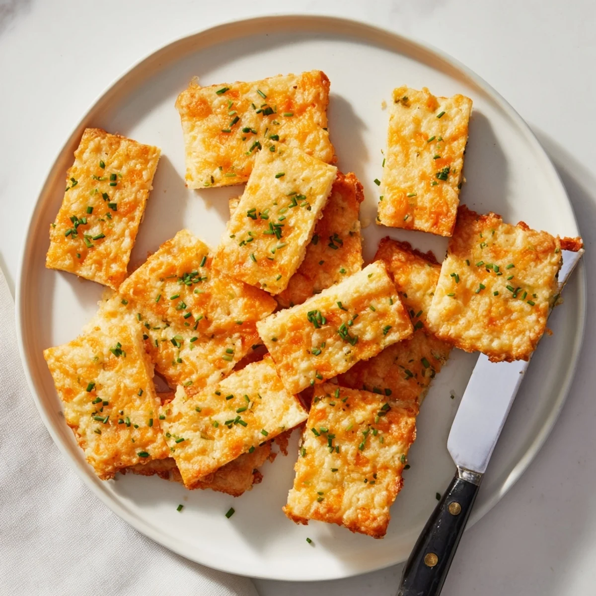 Warm sharp cheddar herb snacks with golden edges next to a creamy dipping sauce