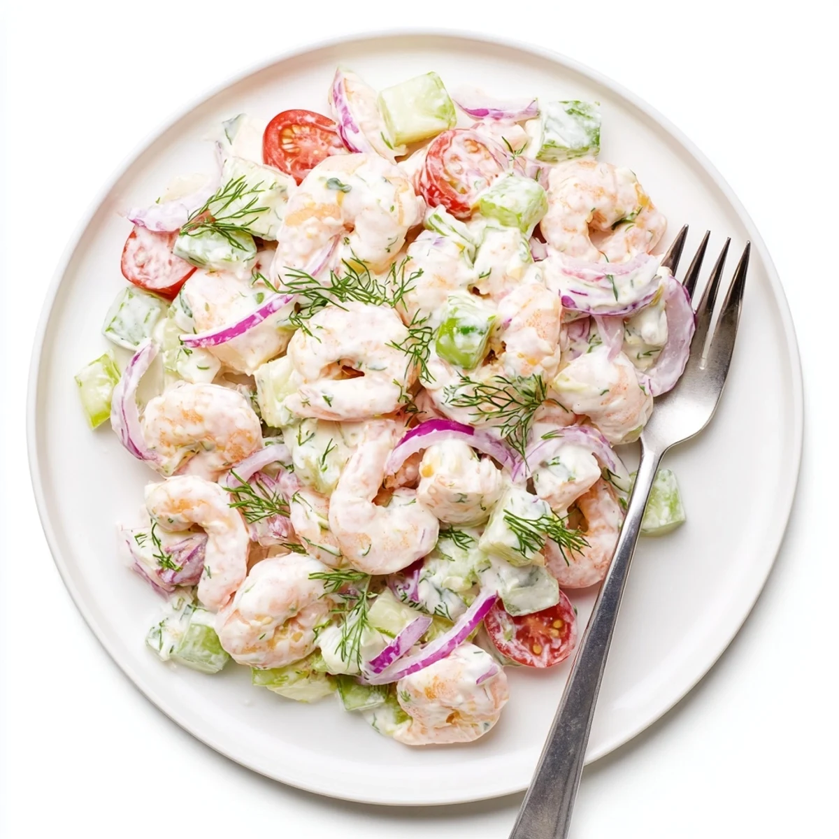 Chilled shrimp salad recipe with pink shrimp, crisp celery, and creamy lemon dressing