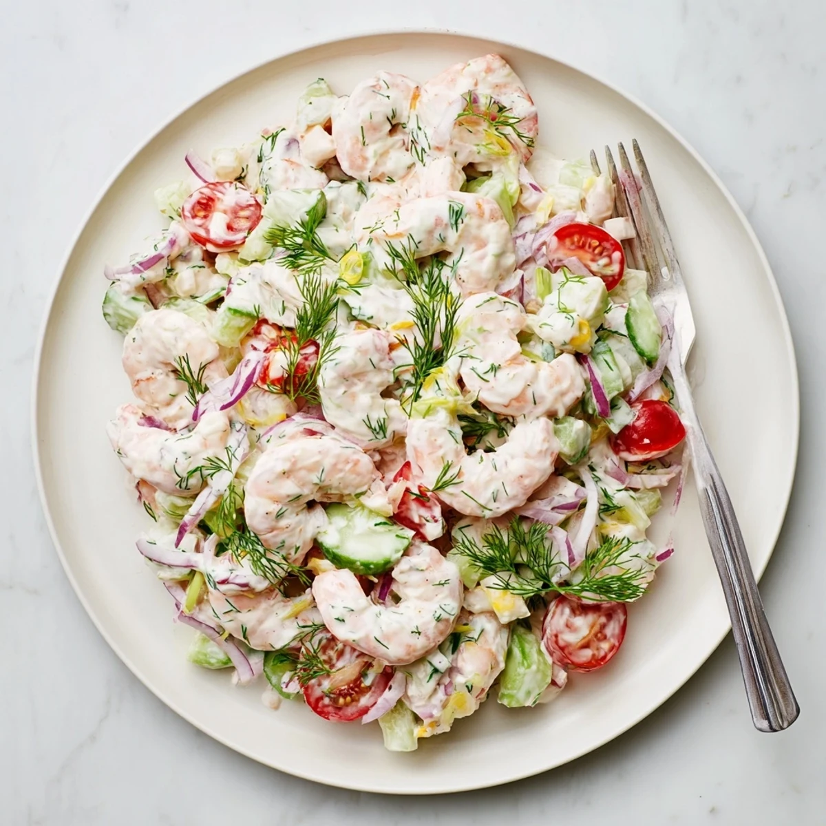 Fresh shrimp salad recipe served on greens with cherry tomatoes and dill