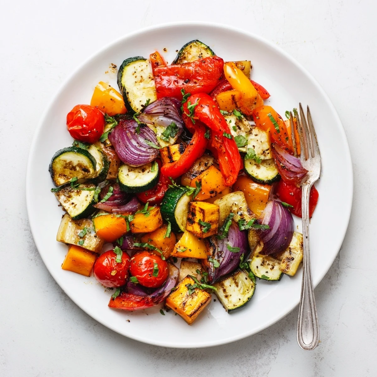 Golden, caramelized classic Mediterranean roasted vegetables arranged on a rustic serving platter