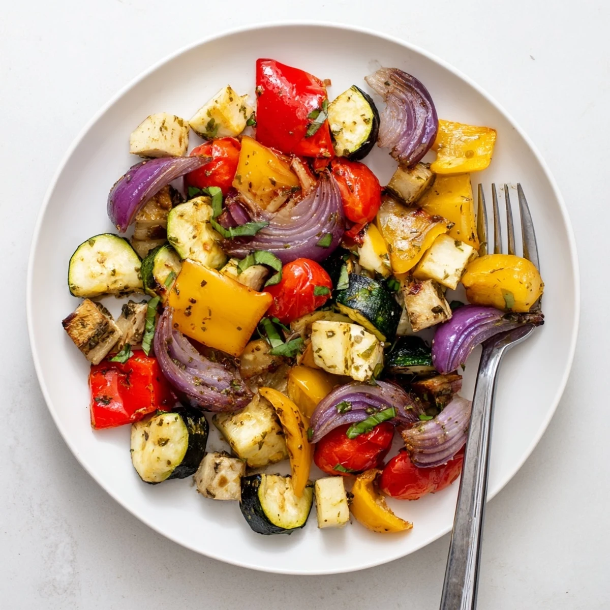 Tender herb-garlic classic Mediterranean roasted vegetables fresh from a parchment-lined baking sheet