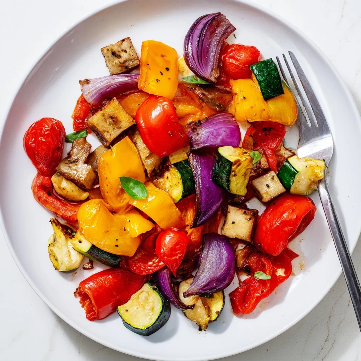 Colorful classic Mediterranean roasted vegetables drizzled with olive oil and garnished with basil