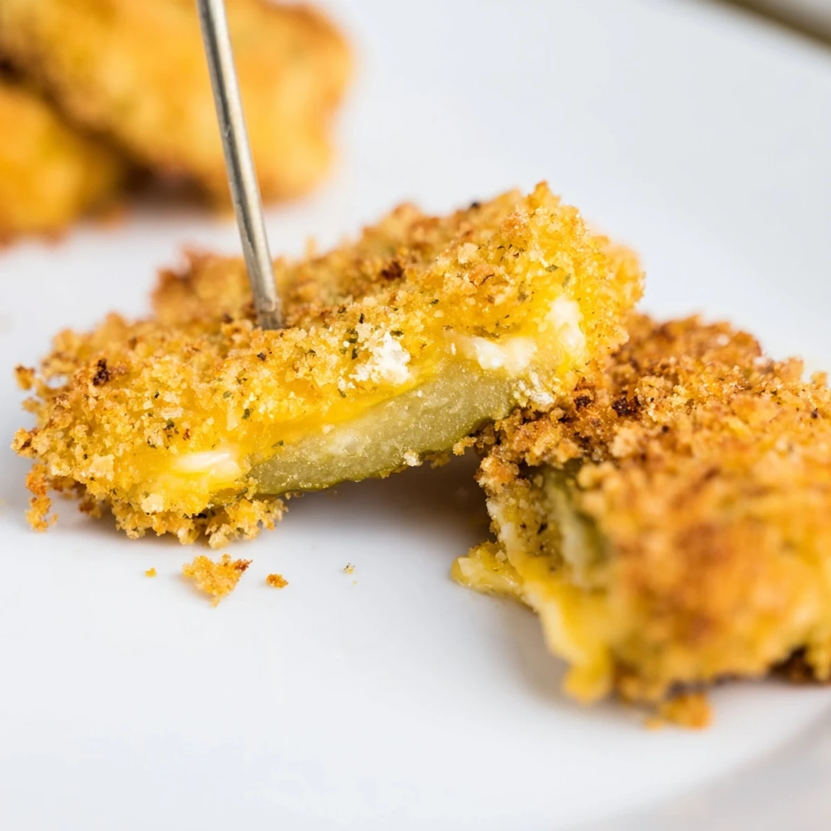 Golden crispy pickle cheese bites served warm with ranch dipping sauce