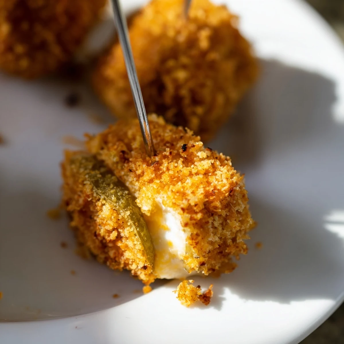 A plate of crispy pickle cheese bites with a golden panko crust
