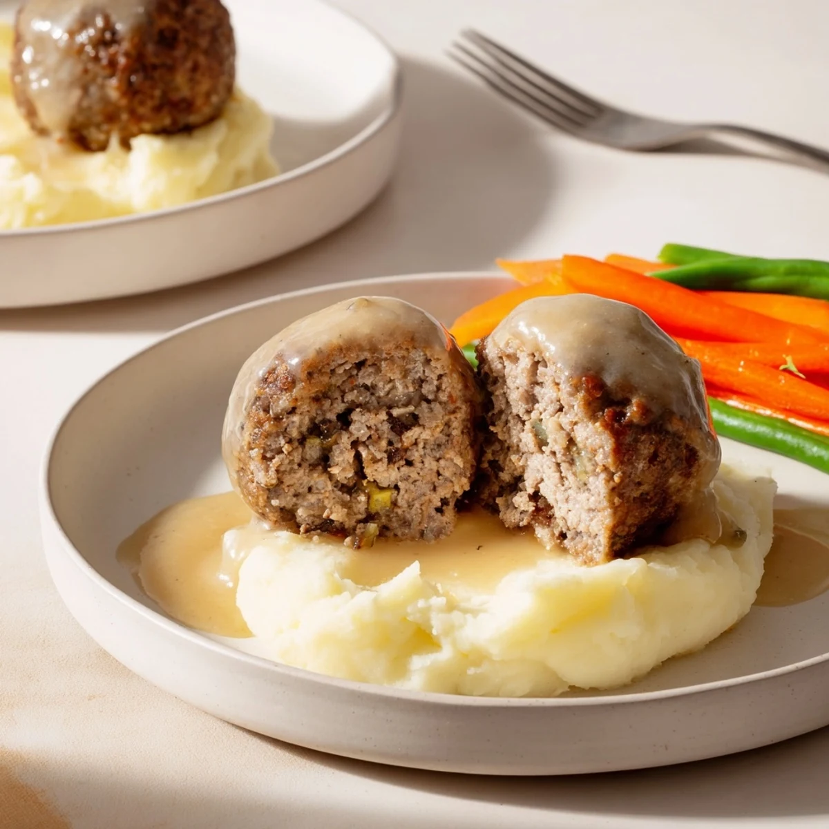 Plate of Homemade Ikea Meatballs glossy with sauce, paired with lingonberry jam.