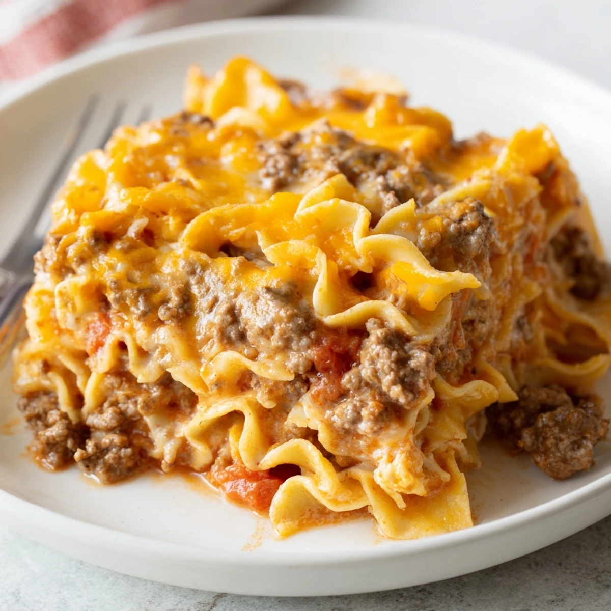 Beef Lombardi Casserole bubbling golden with cheddar, saucy beef and noodles