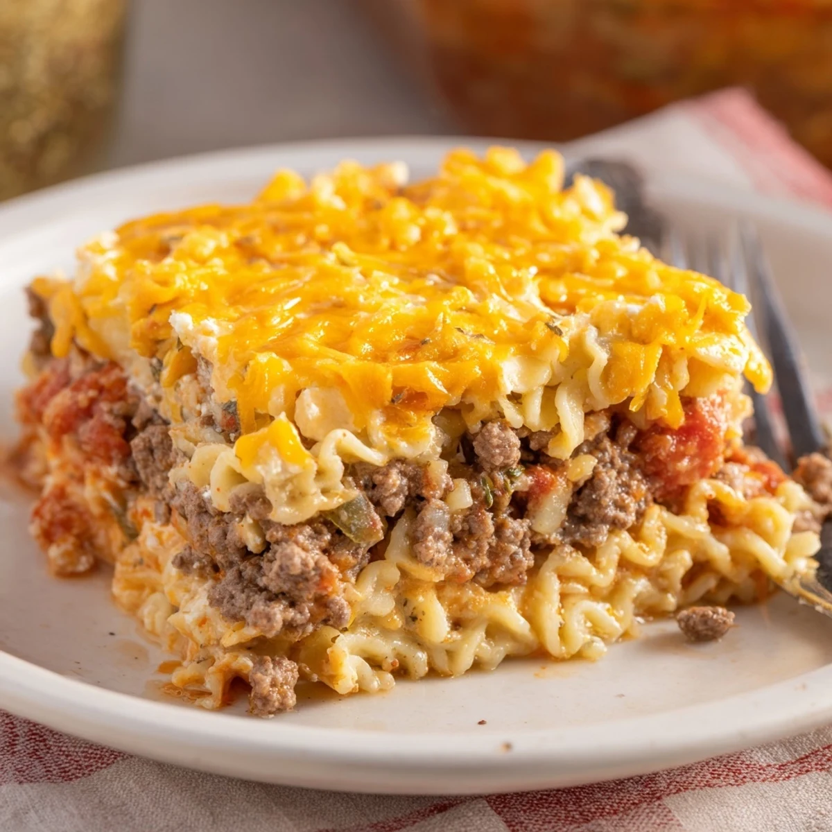 Sliced scoop of Beef Lombardi Casserole on plate, steaming and creamy