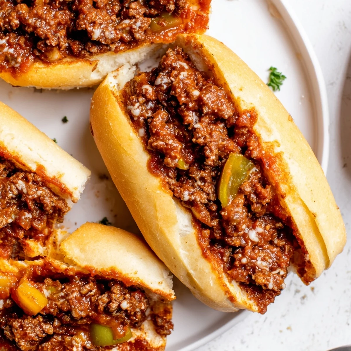 Toasty Garlic Bread Sloppy Joes served with crisp coleslaw, savory beef filling