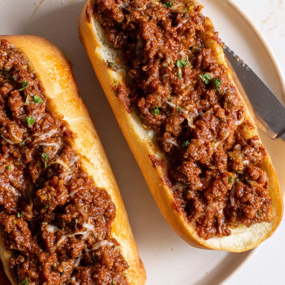 Open-faced Garlic Bread Sloppy Joes bubbling mozzarella, fragrant parsley, lunchtime crowd-pleaser