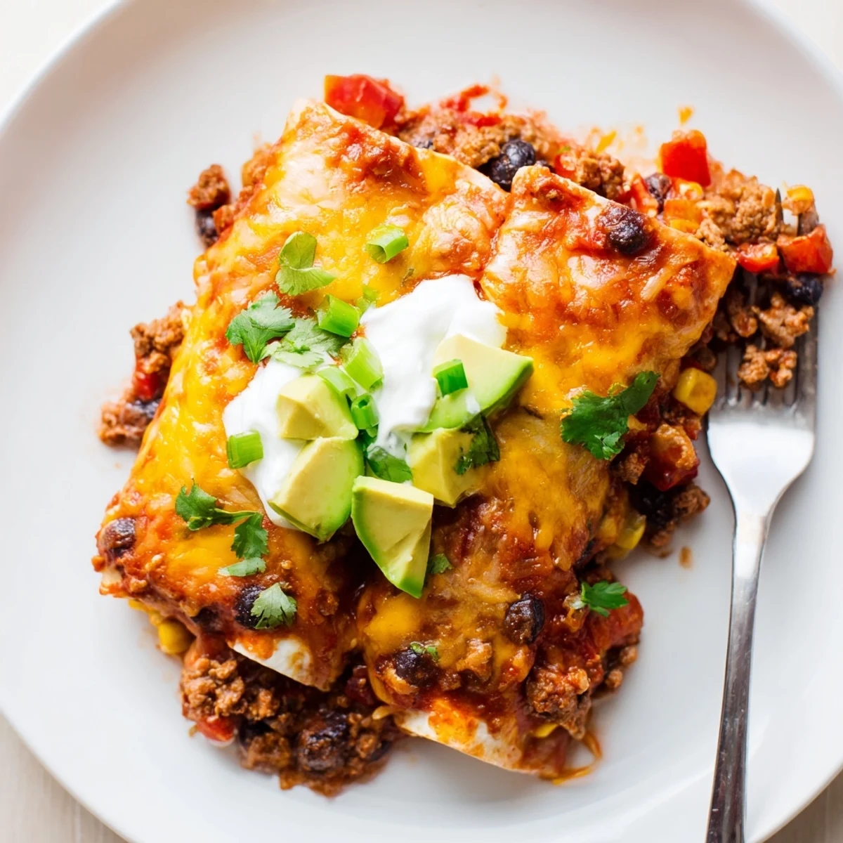 Beef Skillet Enchiladas bubbling in cast-iron skillet with melted cheese and cilantro