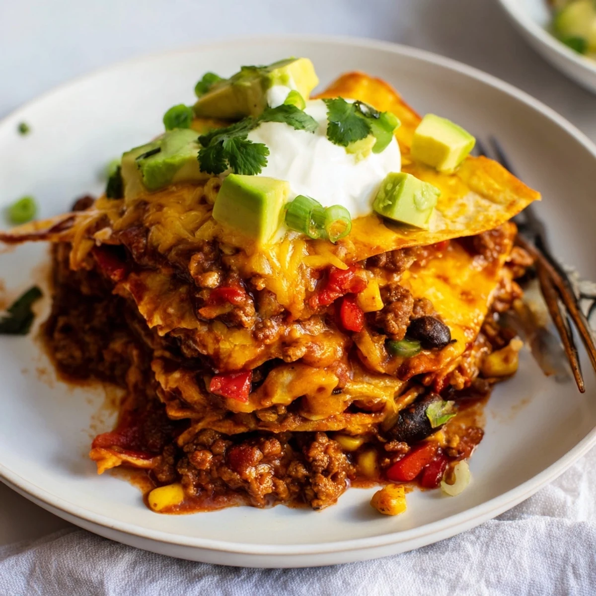 Layered corn tortillas and spicy sauce signal comforting Beef Skillet Enchiladas dinner